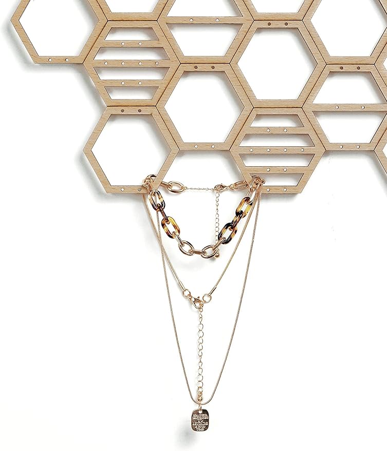 Heesch Hanging Earring Holder Honeycomb Earring Organizer Wall Mount Earring Display Wood Hanging Jewelry Organizer for Stud Earrings, Necklaces (Beech Wood Color)