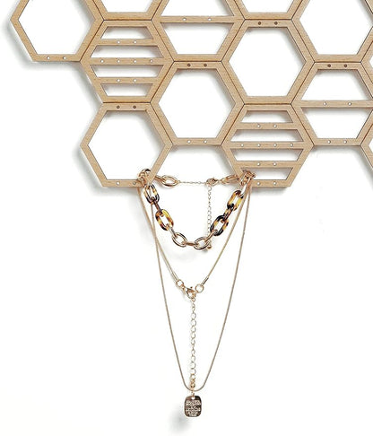 Heesch Hanging Earring Holder Honeycomb Earring Organizer Wall Mount Earring Display Wood Hanging Jewelry Organizer for Stud Earrings, Necklaces (Beech Wood Color)