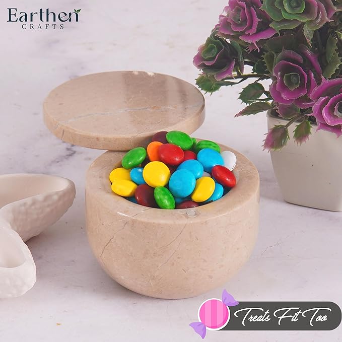 Marble Salt Cellar with Swivel Lid 3 Inch Beige Stone Mini Salt Box for Kitchen Counter with Magnetic Closure, 2.5 OZ Capacity, Ideal for Kosher Salt and Gourmet Seasonings