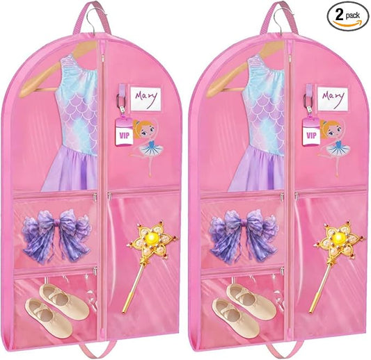 2 Pack Hanging Dance Garment Bag, 40 Inch Waterproof Costumes Bag for Travel, Pink Clothes Bag with 5 Pockets for Dance, Sports, Skating, Beauty Pageants, Theatre