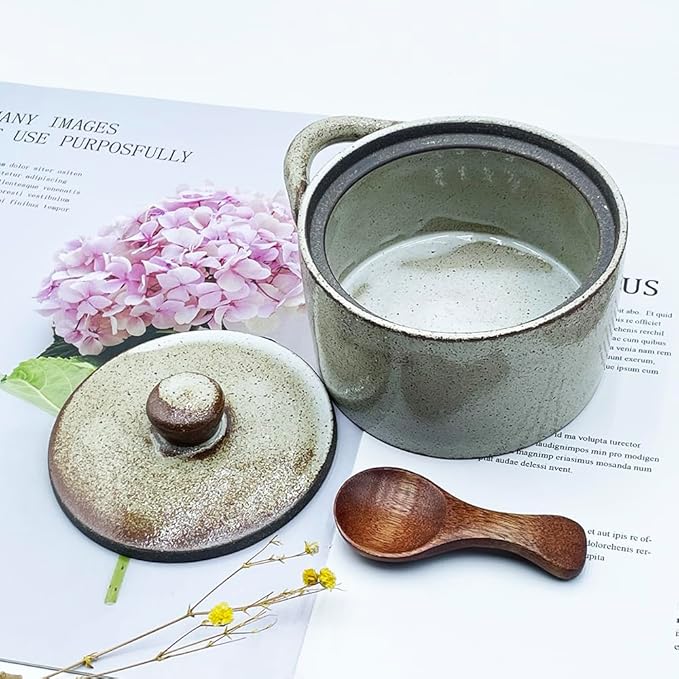 Ceramic Salt Cellar With Lid & Spoon,12oz Salt Container For Countertop,Sugar Bowl,Spice Jar(Coarse Pottery Color B)