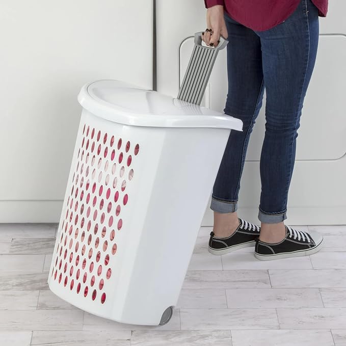 The Plastic Laundry Hamper with Handle and Wheels for Easy Transport, White