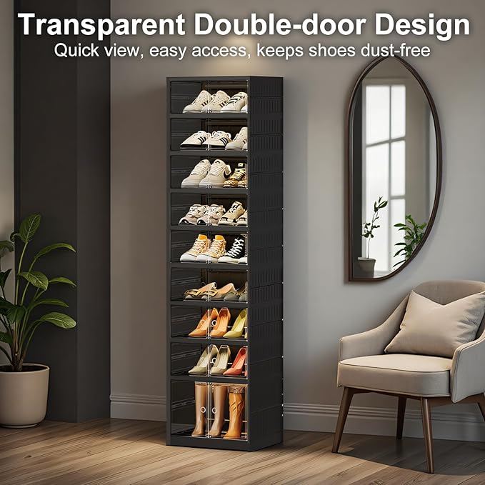 SYNCVIBE Shoe Rack Organizer for Closet Entryway Foldable Sneaker Storage Shoe, Collapsible Shoe Cabinet, Stackable Shoe Storage Cabinet with Lids for Living Room (9 Tiers -18 Pairs Black)