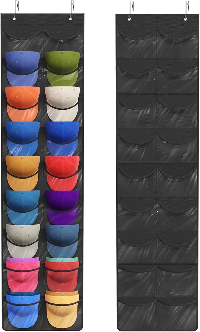 Lifewit Over The Door Hat Organizer for Baseball Caps, 18 Clear Deep Pockets Hat Rack Stand with 2 Hooks, Hanging Hat Storage, Cap Holder Hat Hanger for Protection and Display, 1 Pack
