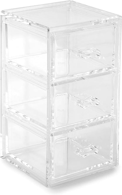 Huang Acrylic Clear Stackable Upright 3-Drawer Organizer, Makeup Jewelry Accessories Cosmetic Countertop Storage Display 3.5 x 3.25 x 5.75 inches