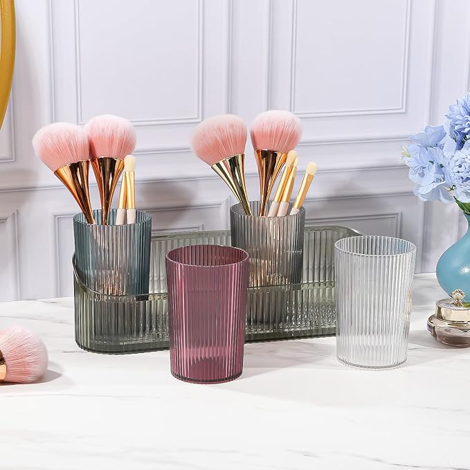 DASITON Makeup Brush Holder Organizer with 4 Cup, Vintage Striped Make Up Brush Holder for Vanity, Bathroom Toothbrush Holders, Acrylic Cosmetic Brushes Storage Organizer Pen Holder (Green+Multicolor)