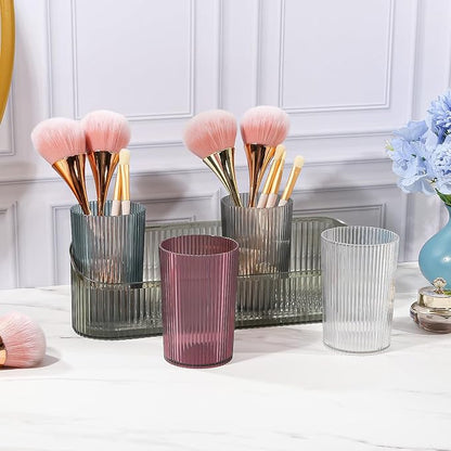 DASITON Makeup Brush Holder Organizer with 4 Cup, Vintage Striped Make Up Brush Holder for Vanity, Bathroom Toothbrush Holders, Acrylic Cosmetic Brushes Storage Organizer Pen Holder (Green+Multicolor)