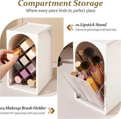 FOLLOWIN Compact Makeup Organizer for Vanity,Lipstick Holder with Grid & Makeup Brush Organizer with Flip Drawer,Cosmetic Organizer Set for Cosmetics,Brushes,Lipsticks,Milk White & Clear