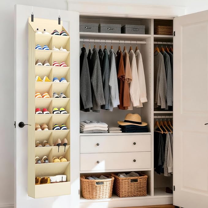 Lifewit 10 Tier Over the Door Shoe Organizer with 19 Large Deep Pockets, Fabric Hanging Shoes Shelf for Closet, Dorm Storage, Fit Up to 20 Pair Shoe Rack Holder for Sneakers, Boots, Beige
