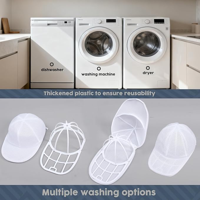 Hat Washer Cage Hat Cleaner, Hat Washer for Baseball Caps for Washing Machine or Dishwasher, Cap Washer for baseball caps with Mesh Bags, Hat Cleaner/Cleaning Protector Cage (White - 1 Pack)