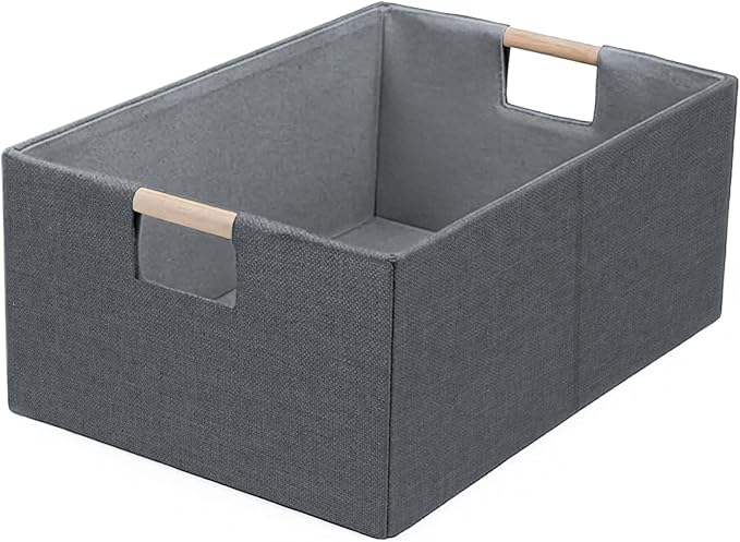 Foldable Fabric Storage Cubes, Cloth Storage Baskets with Wooden Handles, Shelf Closet Organizer Bins, Rectangular Linen Storage Boxes for Decor, 16.5 x 12.2 x 6.7 Inches