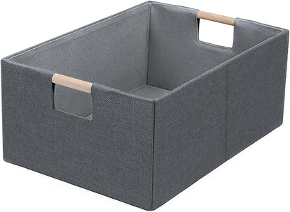 Foldable Fabric Storage Cubes, Cloth Storage Baskets with Wooden Handles, Shelf Closet Organizer Bins, Rectangular Linen Storage Boxes for Decor, 16.5 x 12.2 x 6.7 Inches