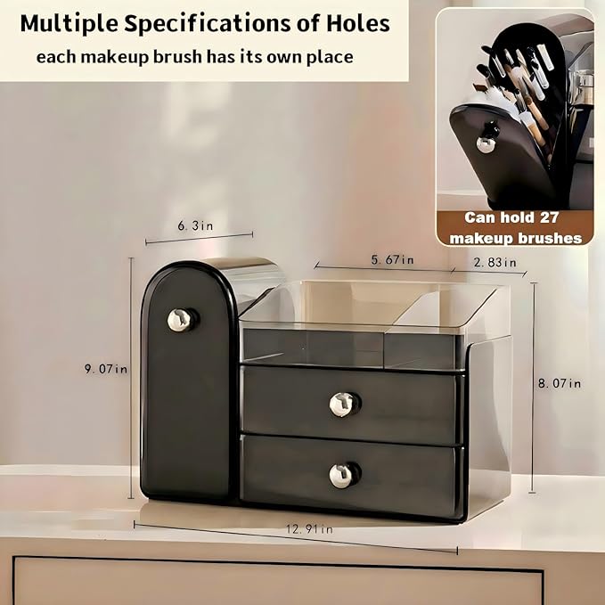 Makeup Organizer for Vanity with Covered Brush Holder，Bathroom Organizers with Drawer，Skin Care Organizer，Makeup Organizers for Vanity with Drawer，Large Makeup Storage for Dresser, Black