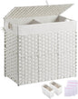 Greenstell Laundry Hamper with lid, No Install Needed, 130L Wicker Laundry Baskets Foldable 2 Removable Liner Bags, 2 Section Clothes Hamper Handwoven Rattan Laundry Basket with Handles, White