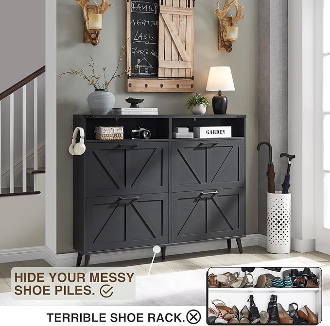 Shoe Storage Cabinet, Farmhouse Shoe Organizer with 4 Flip Drawers & Barn Door,Freestanding Hidden Slim Narrow Shoe Rack with Open Shelves for Entryway, Foyer, Hallway, Black