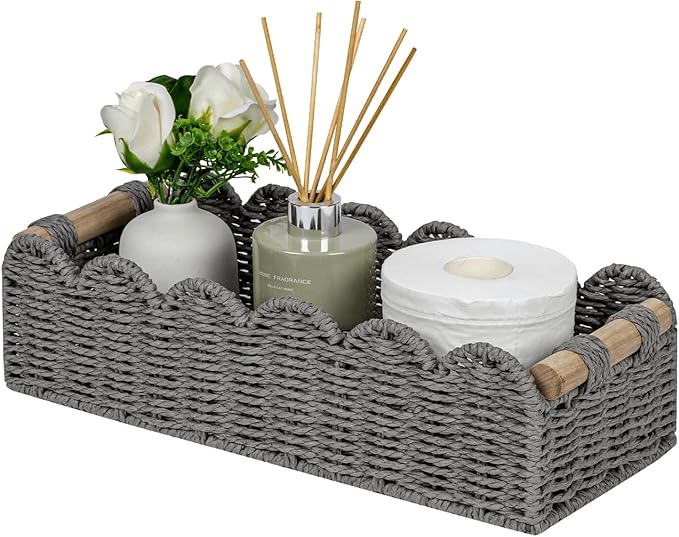 CubesLand Scalloped Edge Toilet Paper Storage Basket, Living Room Home Cozy Decor Basket, Paper Rope Small Baskets for Over Toilet Storage Shelf, End Table, Shelves, with 2 Wooden Handles, Grey