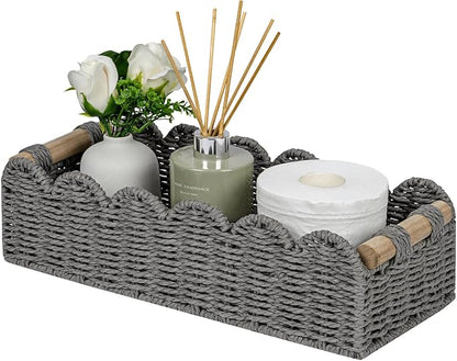CubesLand Scalloped Edge Toilet Paper Storage Basket, Living Room Home Cozy Decor Basket, Paper Rope Small Baskets for Over Toilet Storage Shelf, End Table, Shelves, with 2 Wooden Handles, Grey