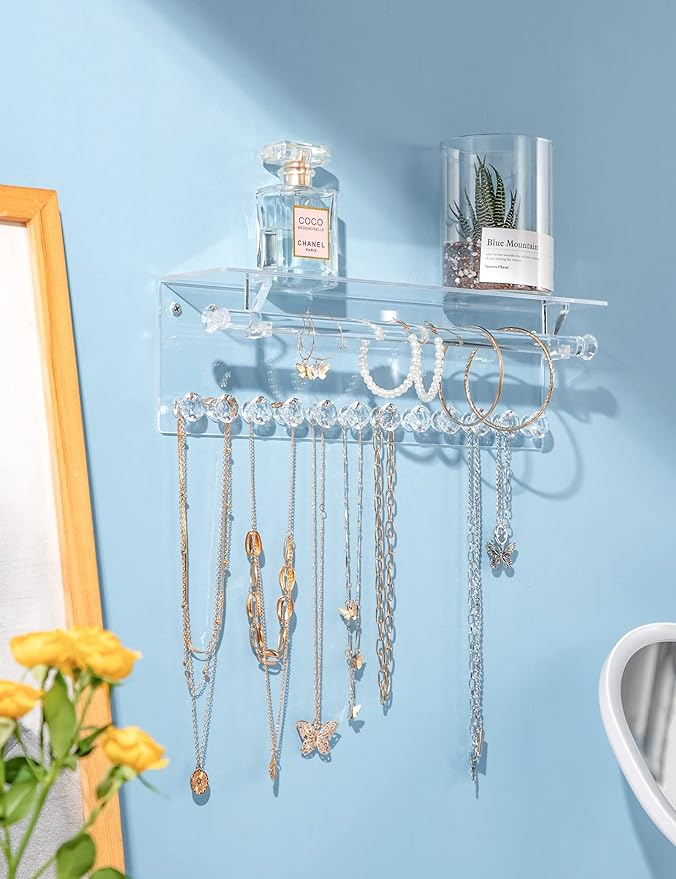 Mymazn 2 Pack Acrylic Necklace Holder with Shelf, 12 Diamond Shape Hooks and Removable Bracelet Rod, Wall Mounted Jewelry Organizer Hanging Rack Clear Jewelry Hangers