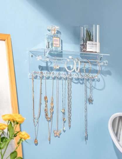Mymazn 2 Pack Acrylic Necklace Holder with Shelf, 12 Diamond Shape Hooks and Removable Bracelet Rod, Wall Mounted Jewelry Organizer Hanging Rack Clear Jewelry Hangers