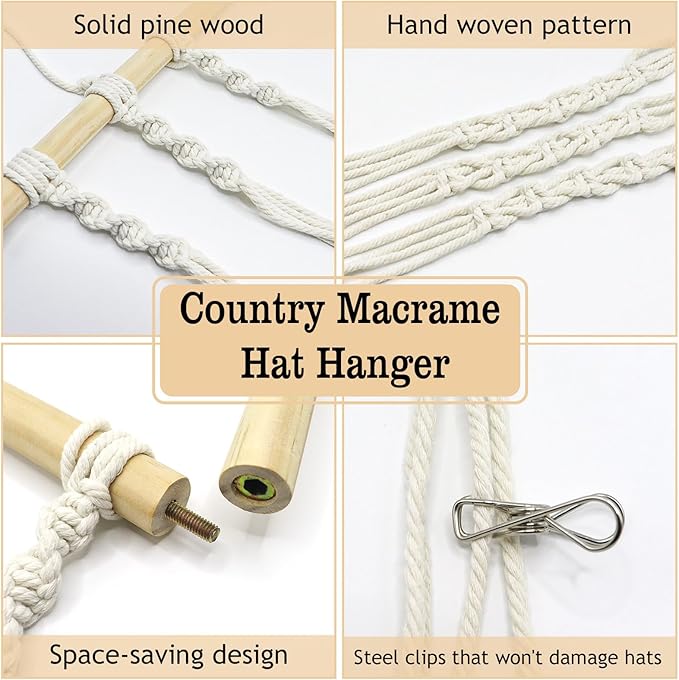 Macrame Hat Hangers for Wall - Boho Hats Rack Cowgirl Hat Holder on Wall, Bring 15 Clips Western Bedroom Decor Hat Display Country Room Decor Gift for Mother Women, 100% Natural Cotton, 31x63inch