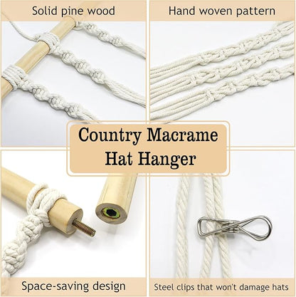Macrame Hat Hangers for Wall - Boho Hats Rack Cowgirl Hat Holder on Wall, Bring 15 Clips Western Bedroom Decor Hat Display Country Room Decor Gift for Mother Women, 100% Natural Cotton, 31x63inch