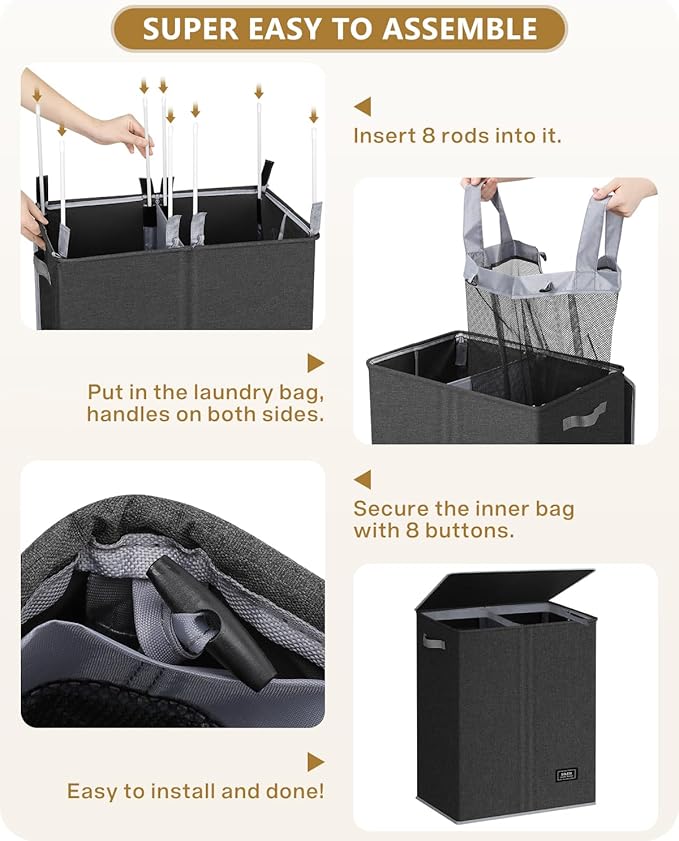 SOLEDI Double Laundry Hamper with Lid, 130L Clothes Hamper 2 Section, Laundry Basket with Removable bag, Bed room decor aesthetic, laundry room organization, Home and dorm room essentials