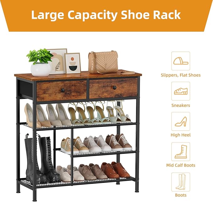 Snughome Shoe Rack for Entryway, 4 Tier Shoe Organizer with 2 Non-Woven Drawers, Shoe Storage Shelves with Sturdy Wooden Top and Metal Shelves, Shoe Stand for Closet