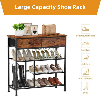Snughome Shoe Rack for Entryway, 4 Tier Shoe Organizer with 2 Non-Woven Drawers, Shoe Storage Shelves with Sturdy Wooden Top and Metal Shelves, Shoe Stand for Closet