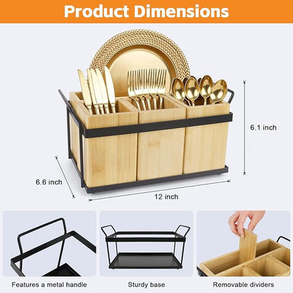 MECHEER Kitchen Silverware Caddy Utensil Holder for Party Paper Plate Holders Flatware Cutlery Organizer Wood Utensil Holder with Removable Dividers for Forks Plates Spoons