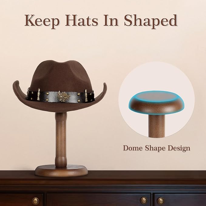 SEKSON Cowboy Hat Stand, Tabletop Hat Display Rack, Solid Wood Hat Holder Stand for Caps Wigs Helmets, Rustic Brown (3 Pack)