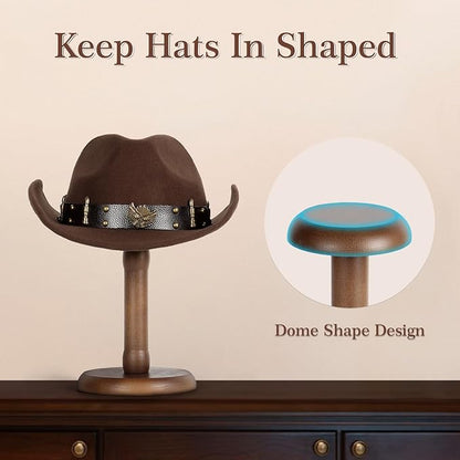 SEKSON Cowboy Hat Stand, Tabletop Hat Display Rack, Solid Wood Hat Holder Stand for Caps Wigs Helmets, Rustic Brown (2 Pack)