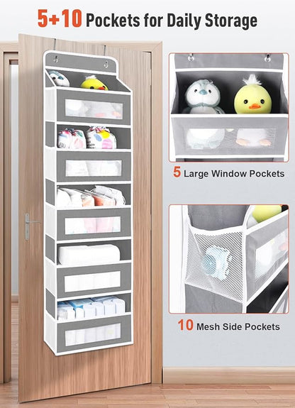 3 Pack Over The Door Organizer Storage, 5 Shelf Hanging Door Organizer with 10 Large Capacity Pockets, Anti Tilt 44 lb Load Behind Door Storage for Bedroom, Bathroom, Pantry, Nursery