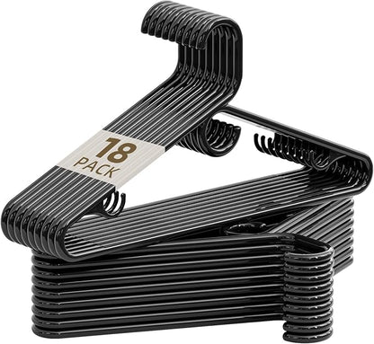 Black Plastic Hangers 18 Pack, Heavy Duty Clothes Hangers with Center Hook & Non-Slip Pants Bar for Standard Size Shirts, Pants, Coat, Dresses, Jackets, Scarves and Belts