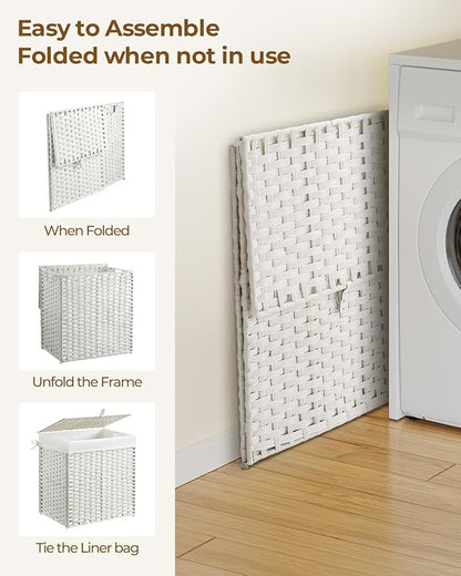 Greenstell Laundry Hamper with Lid, 125L Laundry Basket with 2 Removable Liner Bags & 2 Mesh Bags, Handwoven Synthetic Rattan Clothes Hamper for Clothes, Toys in Bathroom, Bedroom, Foldable, White