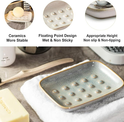Soap Dish for Shower, Ceramic Soap Dish for Large Soap Bars, Non-Slip Soap Holder & Saver Tray with Floating Point Design for Bathroom, Shower, Kitchen Sink, Save Soap Loss (Pack of 2)