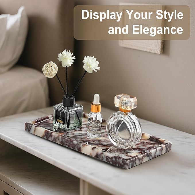 Natural Marble Vanity Tray - Moujings Genuine Marble Perfume Tray for Bathroom Decor, Stone Bathroom Vanity Organizer Tray for Kitchen Counter, Candles, Jewelry, Coffee, Makeup, Key
