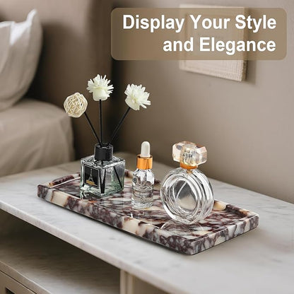 Natural Marble Vanity Tray - Moujings Genuine Marble Perfume Tray for Bathroom Decor, Stone Bathroom Vanity Organizer Tray for Kitchen Counter, Candles, Jewelry, Coffee, Makeup, Key
