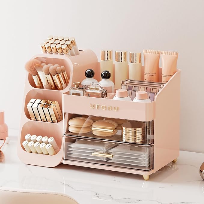 Makeup Organizer for Vanity with Brush Holder, Large Capacity Bathroom Countertop Skincare Organizer with 2 Drawers, Cosmetic Display Case for Perfumes, Eyeshadow Palettes, Nail Polishes