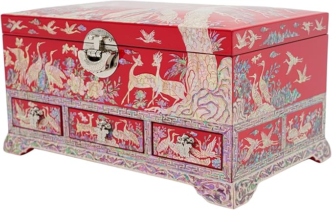 February Mountain Lockable Korean Mother-of-Pearl Jewelry Box - Najeon Chilgi Lacquerware with Crane and Floral Design, Vibrant Red Finish, Handmade