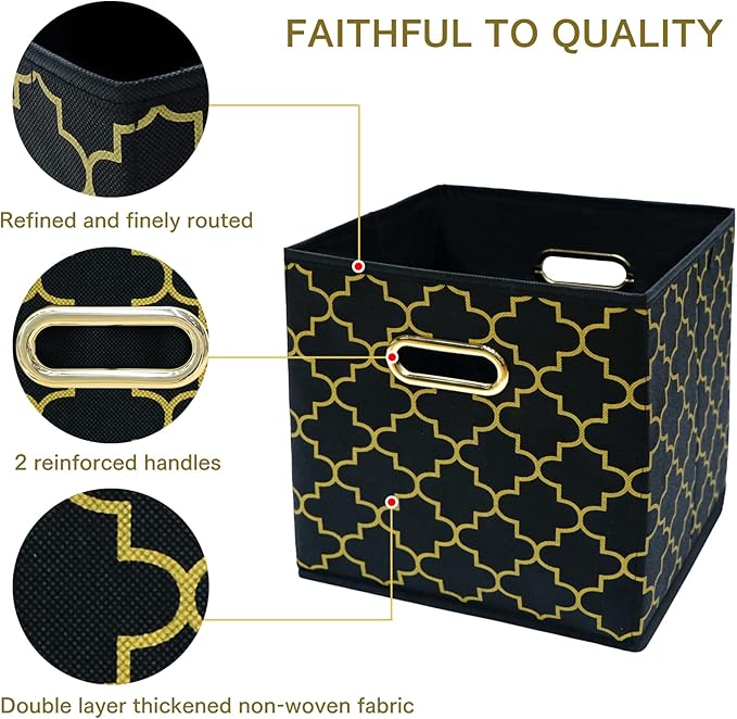 Fabric Cloth Storage Bins,Fabric Cube Organizer with Dual Handles Foldable Cube Storage Baskets for Home Bedroom Storage,Set of 3,(Black Gold)