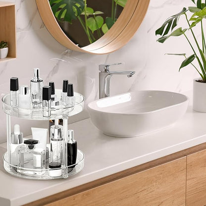 360° Rotating Makeup Organizer, Adjustable Spinning Cosmetic Carousel with Brush Holder and Perfume Tray - Large Capacity Clear Display Case for Vanity and Bathroom Countertop (Double-Deck)