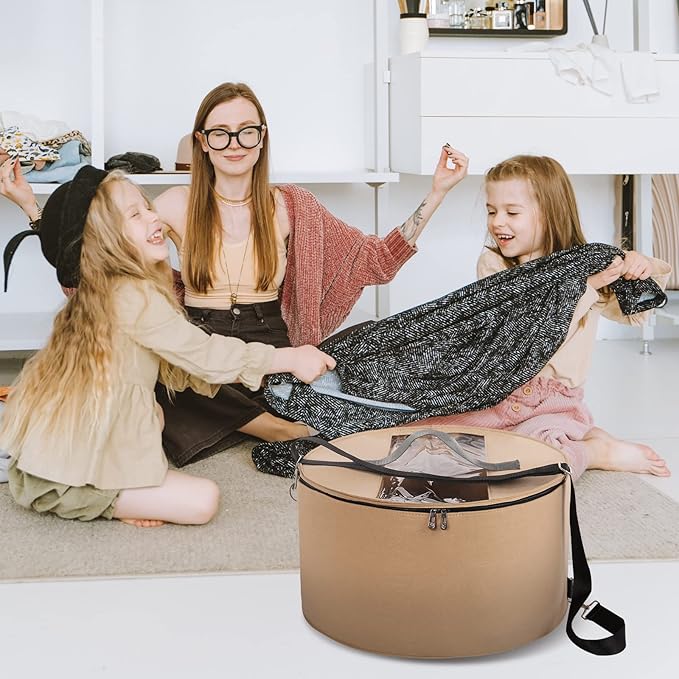 LitLandstar Hat Organizer Round Storage Box Portable Felt Container Foldable Hat Holder with Dust Proof Lid, Hat Rack for Closet or Travel (17" D x 10" H, Khaki)