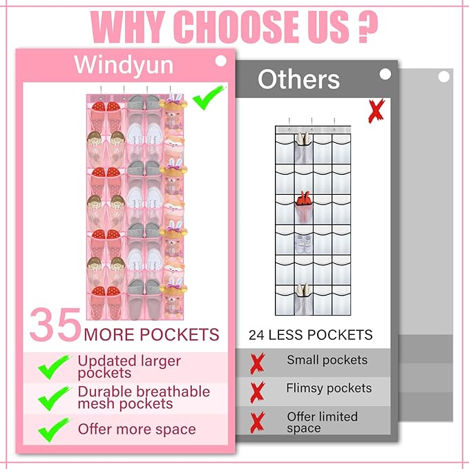 Windyun 2 Pcs 70 Large over The Door Shoe Organizer Hanging Shoe Rack for Closet Holder Pink Mesh Pockets Back to School Behind Door Hanger Storage Nonslip for Home Room School Dorm, Each 35 Pockets