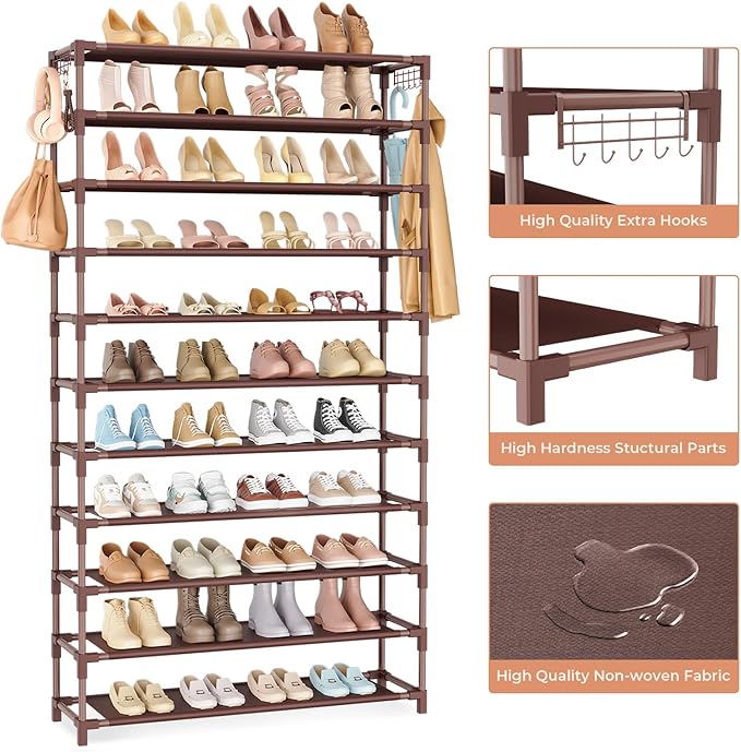 VILICK 11 Tiers Tall Wide Shoe Rack 55 Pairs Large Capacity Sturdy Durable Shoe Rack for Closet Metal Shoe Organizer Shelf with Two Hooks Space Saving for Entryway Brown