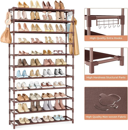 VILICK 11 Tiers Tall Wide Shoe Rack 55 Pairs Large Capacity Sturdy Durable Shoe Rack for Closet Metal Shoe Organizer Shelf with Two Hooks Space Saving for Entryway Brown