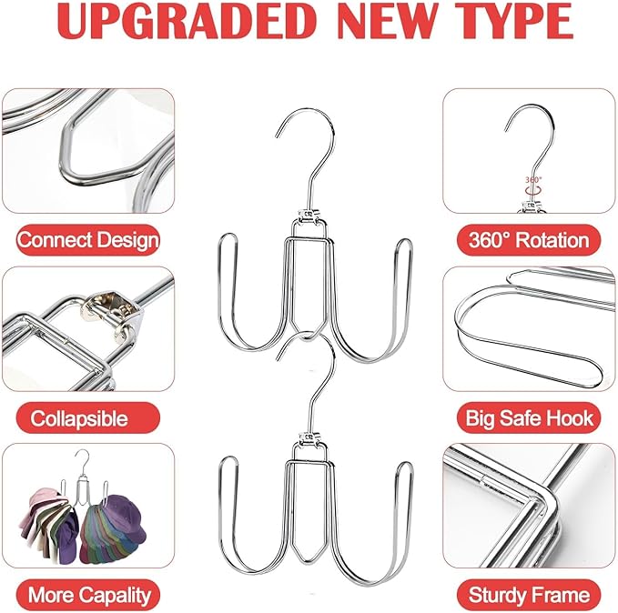 2 Pack Hat Hanger for Closet, Collapsible Metal Hat Organizer for Baseball Caps, Racks with 4 Big Hooks, 360° Rotation Space Saving Hangers, Better Organizer&Display for Tie, Scarves