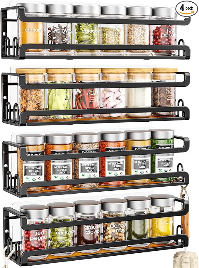 Doakhirmit 4 Pack Wall Mount Spice Rack with 16 Hooks,Hanging Spice Rack Organizer for Stove Cabinet Pantry Door, Screw or Adhesive Wooden Spice Shelf for Kitchen and RV Camper, Black