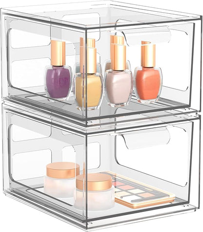 SpaceHacks 2 Pack Stackable Plastic Makeup Organizer Drawers, Acrylic Organizers, Clear Storage Bins with Pull-Out Handles for Vanity, Kitchen Cabinets, Pantry