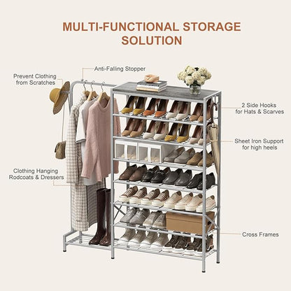 Shoe Rack with Coat Rack, 8 Tier Tall Shoe Storage Organizer with Hooks, 3-in-1, Wooden Top Shelf, Sturdy Frame, Metal Clothes Hanger Stand for Entryway, Closet, Silver