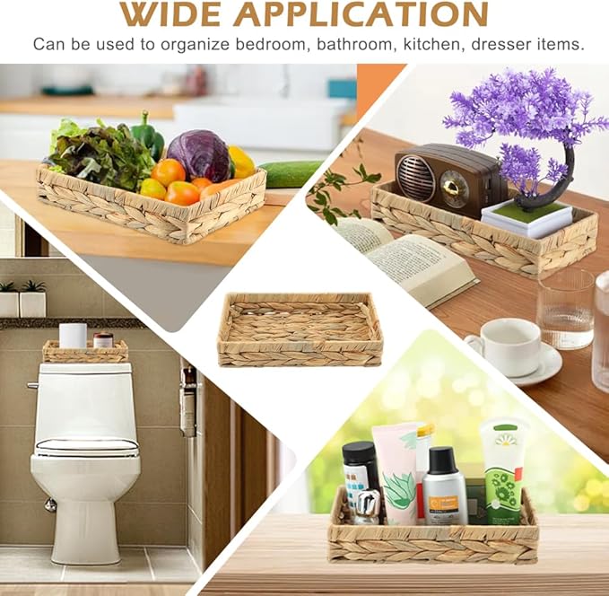 Wicker & Rattan Serving Tray - 10" Rectangle Bathroom Vanity Tray with Storage for Paper Hand Towels